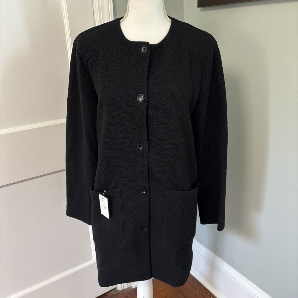Eileen Fisher Black Organic Cotton Coat Jacket Womens XS Button Long